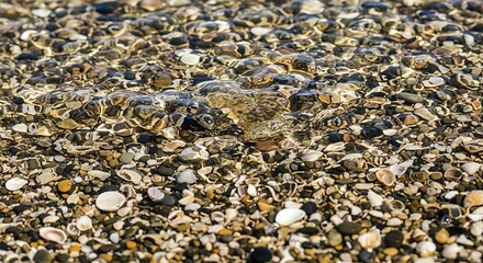 Close-up shot of a shallow body of water with pebbles and shells on the seabed.