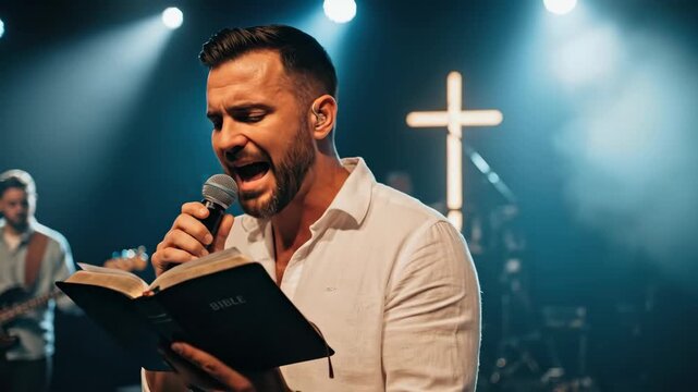 Man singing into microphone while holding open bible and preaching christian sermon on stage, modern worship Protestantism footage.