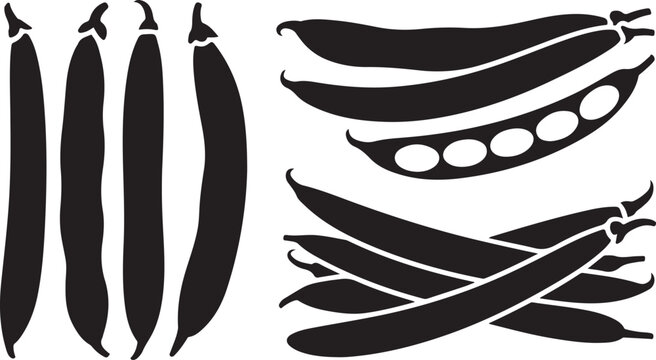 Set of Pea Pod and Bean Silhouettes - Black Healthy Food Vector Icons