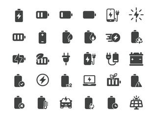 Set of Battery Charging Icons. Solid icon series