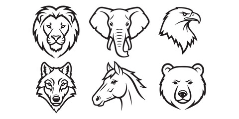 Heads of various animals isolated on white background