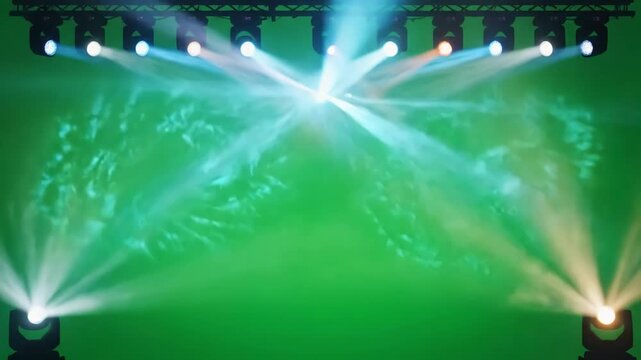 Versatile Event Atmosphere with dj stage lights on green screen background light beams spotlights chroma key 4k video effect copy space distortion, overlay, glitch, static noise, scan lines black