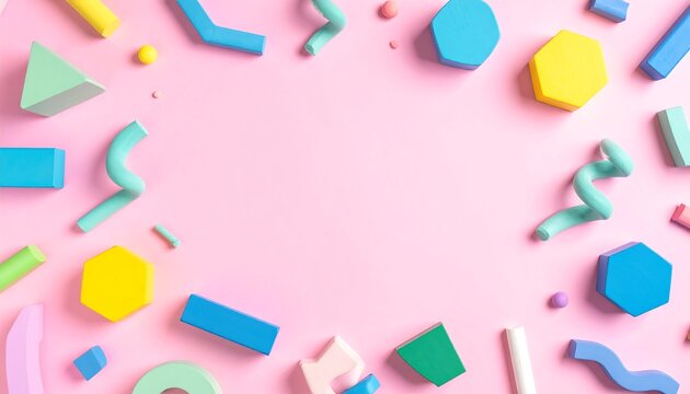 Geometric shapes in pastel colors are scattered around a light pink background, creating a modern and playful design