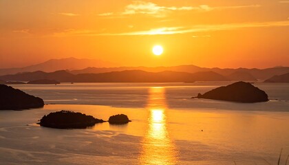 Golden sunset over a calm ocean with distant islands and mountainous landscape casting shadows
