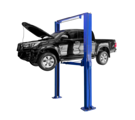 Black pickup truck on blue car lift, It is lifted up to await maintenance at a garage or service center isolated on white background