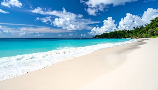 Idyllic tropical beach with turquoise water, white sand, and lush greenery against a blue sky with puffy white clouds - Powered by Adobe
