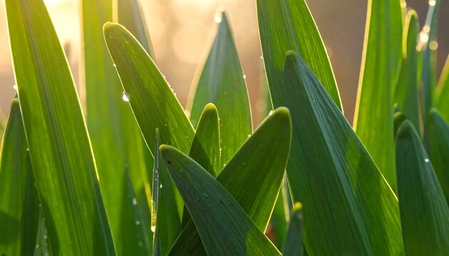 Lush green leaves pointing upwards, basking in the golden sunlight, with dew drops sparkling