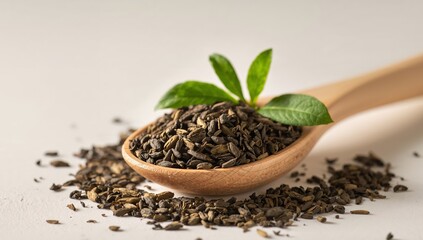 Golden Spoonful. A CloseUp of Botanical Aroma with Wooden Utensil and Green Leaves.