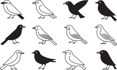 Fototapeta premium Set of Small Bird Icons - Outline and Silhouette Vector Collection