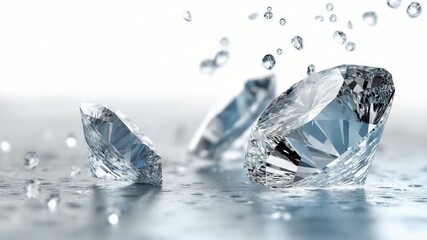 Diamonds sparkling as water droplets cascade over polished gems in slow motion - Powered by Adobe