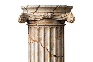 Ancient damaged Ionic column capital with visible cracks showing spiral volutes and fluted shaft weathering, isolated on a transparent background