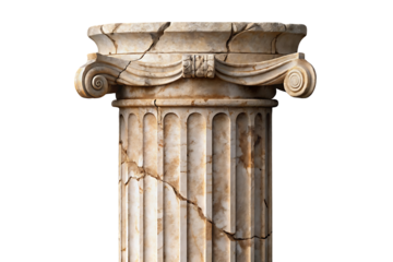 Ancient damaged Ionic column capital with visible cracks showing spiral volutes and fluted shaft weathering, isolated on a transparent background
