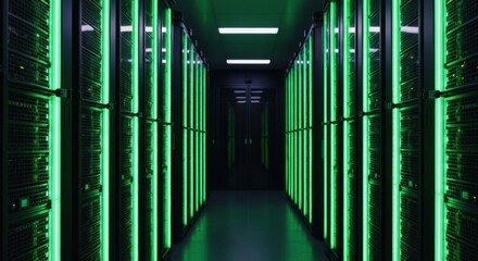Green lit data center aisle view