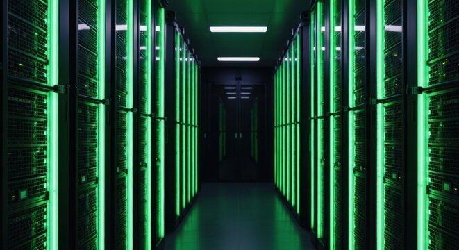 Green lit data center aisle view