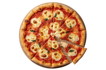 Margherita pizza with melted mozzarella circles fresh basil leaves on wooden board sliced, isolated on a transparent background