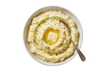Creamy mashed potatoes with melted butter, chives, black pepper in white bowl with spoon, isolated on a transparent background