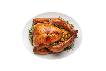 Roasted whole turkey stuffed with herbs and garnished with fresh rosemary sprigs on white plate, isolated on a transparent background
