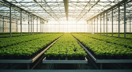Greenhouse filled with rows of potted green plants, sunlight shining through