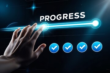 Human hand touching a glowing blue light beam representing progress and success with four completed checklist items on a dark digital background