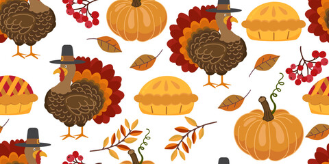 Festive seamless pattern with autumn leaves, pumpkins, turkey, rowan berries and pies on white background. Perfect for Thanksgiving wrapping paper, fabric, and seasonal design.