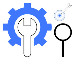 Blue gear with wrench, target with arrow signifying focus, magnifying glass symbolizing research. Ideal for problem-solving, optimization, focus, research, innovation achievement analysis. Simple