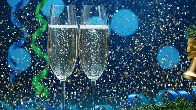 Champagne glasses with festive ribbons and Christmas decorations on a glittering blue background for New Year celebration
