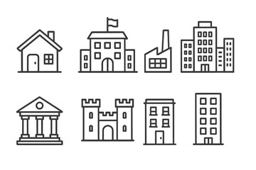 Outline symbols of residential, commercial, and historical architecture and city buildings