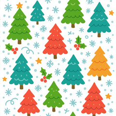 Colorful Christmas trees and snowflakes seamless pattern for winter holiday