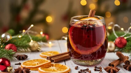 Glass of mulled wine with orange, cinnamon, and cloves on a white wooden table. Christmas decorations and lights in the background. Warm holiday atmosphere. - Powered by Adobe