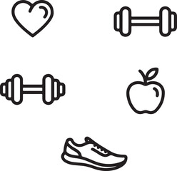 Collection of vector line icons featuring heart, dumbbell, apple, yoga pose, and running shoe. Perfect for health apps, gym branding or wellness infographics
