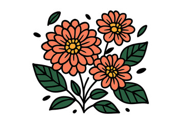 Stylized bouquet of three vibrant coral flowers with dark green leaves on a white background