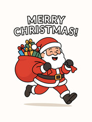 Happy Santa Claus running with a bag full of Christmas gifts