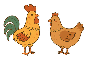 Cute cartoon rooster and hen standing together on a white background farm poultry pair