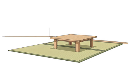 Square Wooden Table on Tatami Mat Interior Illustration