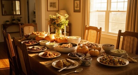 Harvest-lit dining table laden with autumnal dishes in warm, inviting room