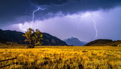 Lightning strikes over mountains, illuminating a golden field and a lone tree under a stormy, dynamic sky