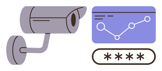 Surveillance camera, data graph with line chart, and password elements. Ideal for security, technology, monitoring, data analytics, cybersecurity privacy and system control themes. Simple flat