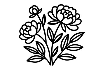 Stylized black outline floral bouquet featuring blooming flowers, buds, and foliage