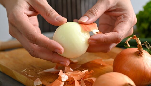 Hands peel an onion on a wooden cutting board with other onions and vegetables in the background - Powered by Adobe