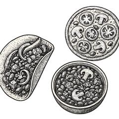 Black and white line art of Mexican taco, Italian pizza, and savory bean soup