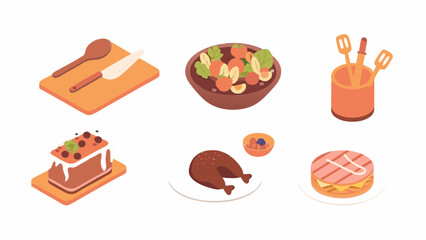 Isometric illustration of a culinary collection featuring a cake roasted chicken salad sandwich and kitchen utensils