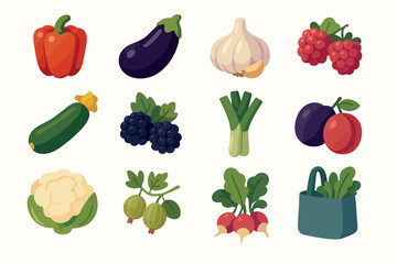 Fresh Vegetable and Fruit Icon Set Organic Farm Produce Vector Collection
