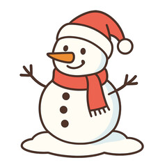 Cute smiling snowman wearing a festive red Santa hat and warm scarf isolated on white background