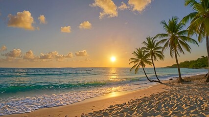  Karibischer Strand mit vielen Palmen und wei&szlig;en Sand, Sonnenb&auml;nken. Sonniger warmer Tag am Meer &middot;   Palmen am Schwimmbad gegen den Himmel.Caribbean beach with many palm trees and white sand, sunbeds.