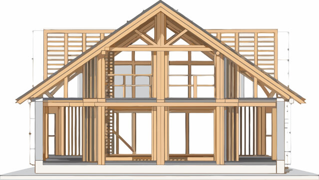 Architectural illustration of a timber frame house under construction showing wooden beams and structural elements