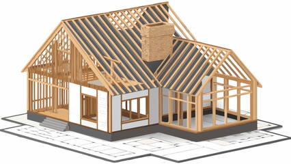 Illustration of a house under construction showing wooden framing and roof trusses on architectural blueprints © vetors.magic