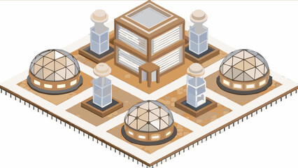 Isometric view of a futuristic research facility with geodesic domes and a central tower on a white background © Abdul