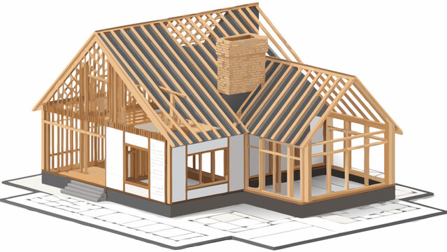 Illustration of a house under construction showing wooden framing and roof trusses on architectural blueprints
