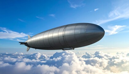 Silver blimp soars above fluffy clouds under a vibrant blue sky, a serene and fantastical scene