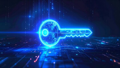 Glowing key icon on a circuit board, with bright blue light effects and dark background